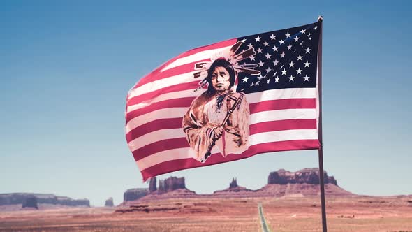 American Indian Flag on the Road to Monument Valley Slow Motion