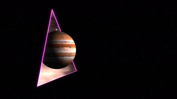 4K 3D animation. Motion of planet Jupiter through portal against the background of the starry sky