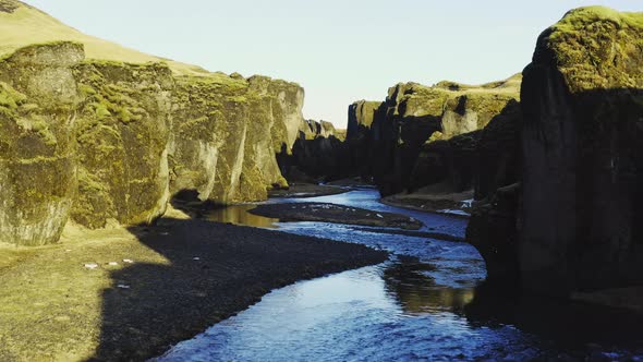 Drone Over Fjaoro River Through Fjaorargljufur Canyon