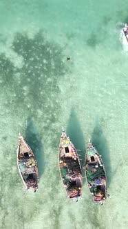 Boat Boats in the Ocean Near the Coast of Zanzibar Tanzania Slow Motion Vertical Video