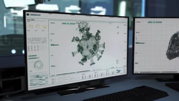 Computer monitor. DATA and 3D images. Covid-19. Advanced biomedical software.UI