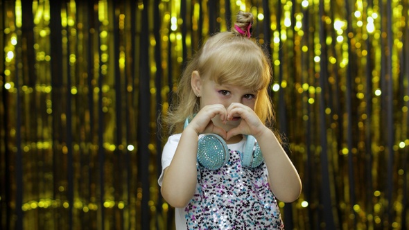 Child Show Heart Gesture. Demonstrating Amorous Feelings, Romantic Emotions. Little Fun Kid Girl