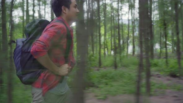 Asian backpacker man on hiking adventure freedom walking in forest, holidays near lots of tree.