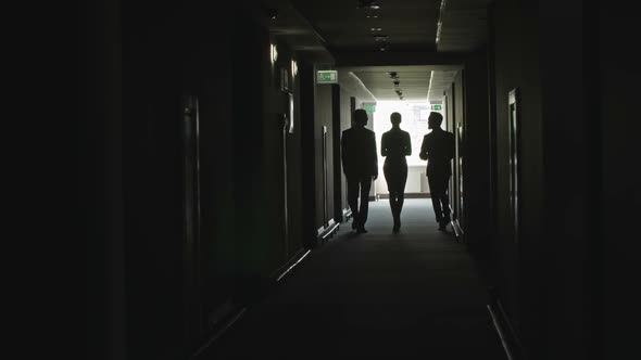 Colleagues Walking in the Dark Office Building