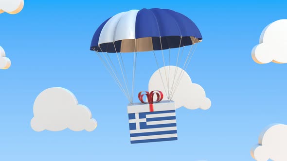 Box with National Flag of Greece Falls with a Parachute