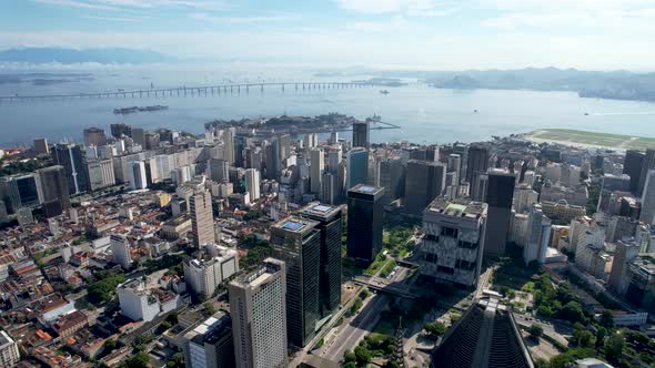 Panning wide view of downtown city of Rio de Janeiro Brazil. Tourism landmark.