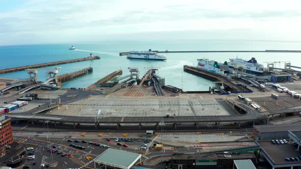Aerial View of Harbor and Trucks Parked Along Side in Dover Docks England