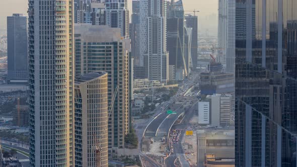 Dubai Downtown Evening Timelapse Modern Towers View From the Top in Dubai United Arab Emirates