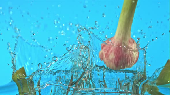 Super Slow Motion Garlic Falls on the Water