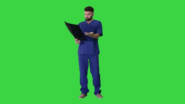 What Is That? Male Doctor Examines X-ray Picture of a Human Brain on a Green Screen, Chroma Key.