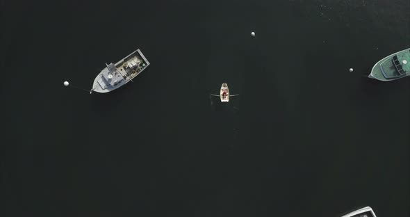 Flying high over a person in a rowboat within Rockport Harbor, Maine.