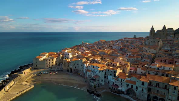 Sandy Beach and Blue Sea in Cefalu Town in Italian Metropolitan City of Palermo Located on