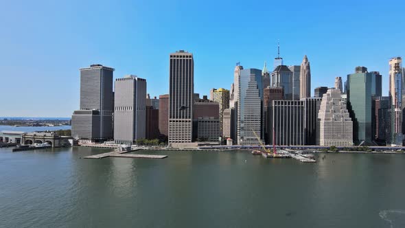 Aerial View of Police Helicopter NYPD Over Manhattan From a Height with East River Financial