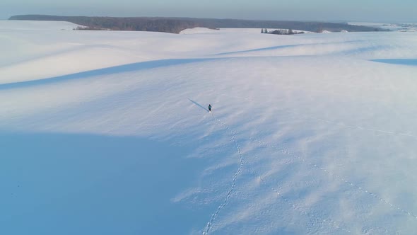 Flight Over a Man Walking on a Snowy Field Covered with Traces of Wild Animals