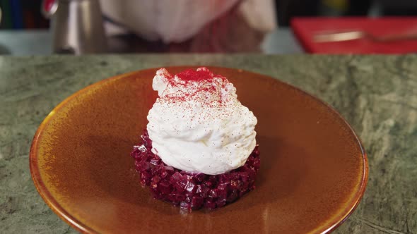 Vegan Tartar Salad with Beetroot and Gorgonzola Cheese Foam High Kitchen Vegetarian Dish Haute