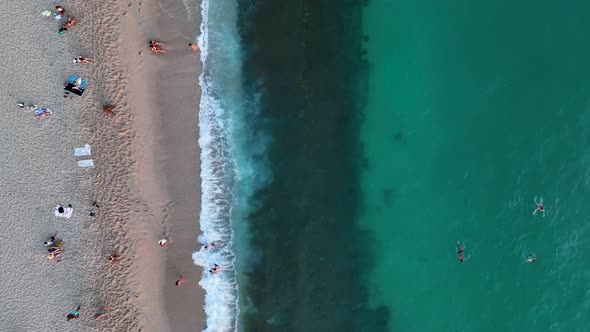 People swim in the azure sea aerial view 4 K Turkey Alanya