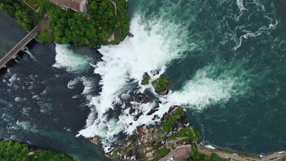 Top-down aerial view of The Rhine Falls (Rheinfall) in Switzerland, Europe