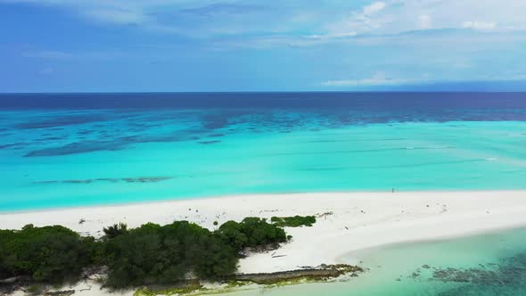 Aerial top down travel of perfect tourist beach adventure by transparent sea and clean sand backgrou