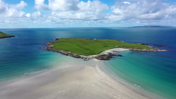 Aerial View of the Awarded Narin Beach By Portnoo and Inishkeel Island in County Donegal, Ireland