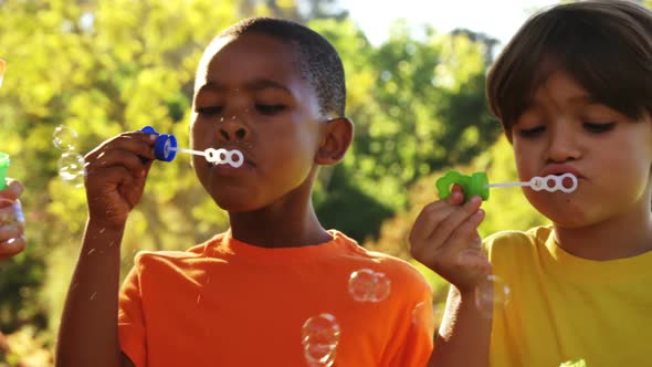 Group of kids blowing bubbles in park