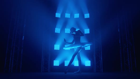 Graceful Silhouette Ballerina Doing a Workout in the Classroom. Smoke in the Rays of Blue Light