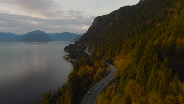 Sea to Sky Hwy in Howe Sound near Horseshoe Bay, West Vancouver, British Columbia, Canada. Aerial pa