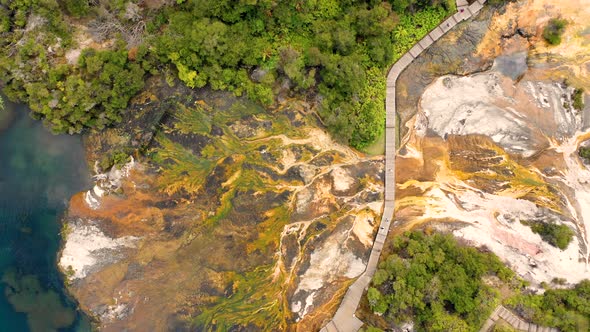 Aerial view above of Orakei Korako Geothermal Park, New Zealand.