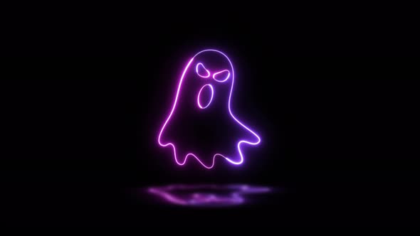 Neon glowing Ghost silhouette with reflection on a dark background. Halloween holiday party alt