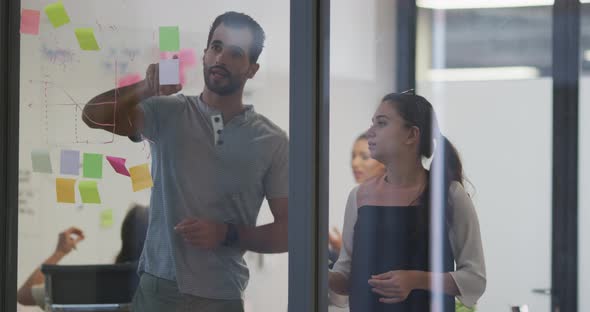 Diverse male and female work colleagues brainstorming using glass wall in meeting room