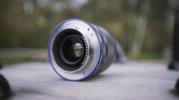 Close up of opened aperture on camera lens