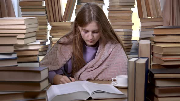 A Girl Reads a Book in the Library