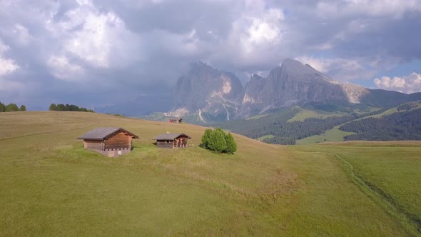 Aerial travel drone view of South Tyrol, Italy and the Dolomites mountains.