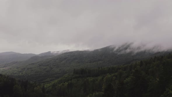 Backward flying over cloudy evergreen forest, aerial, Slovakia