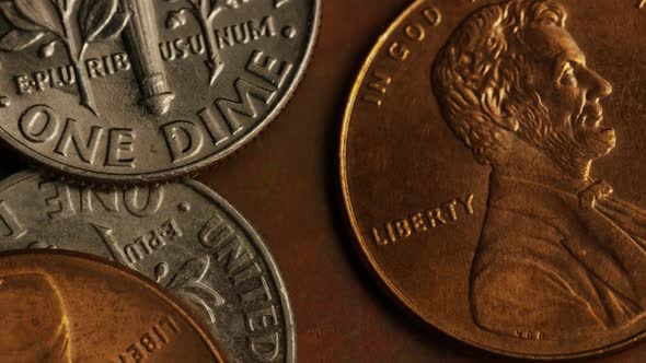 Rotating stock footage shot of American monetary coins 