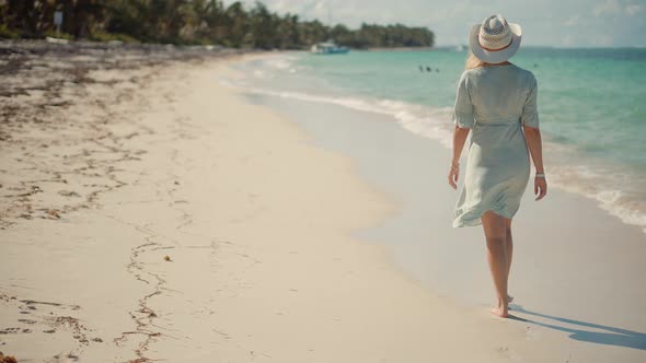 Vacation Holiday Resort.Walking On Tropical Hawaii Beach.Woman Relaxing On Maldives.Vacation Travel 