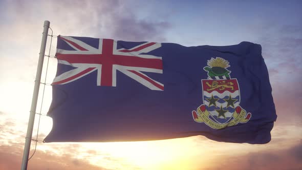 Flag of Cayman Islands Waving in the Wind Sky and Sun Background