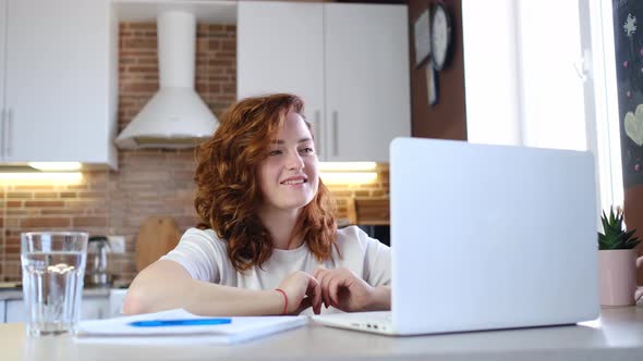 Woman Use Laptop Video Call App Chatting with Friend Remotely