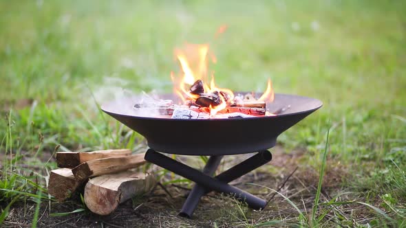 The flame of the fire burns in a metal fire bowl