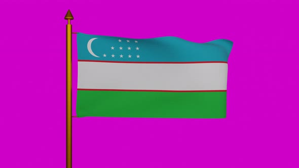 National flag of Uzbekistan waving with flagpole on chroma key, Republic of Uzbekistan flag textile