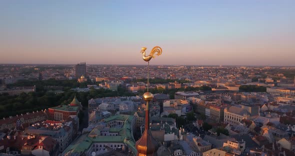 Aerial view of the sunset over Old town of Riga