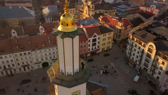 Aerial sunset view of the center of Ivano Frankivsk city, Ukraine. Old historical buildings
