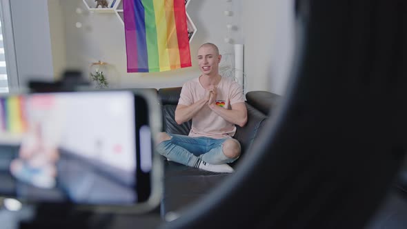 Caucasian Bald Proud Homosexual Influencer Thanking His Followers for All the Support Vlogging From