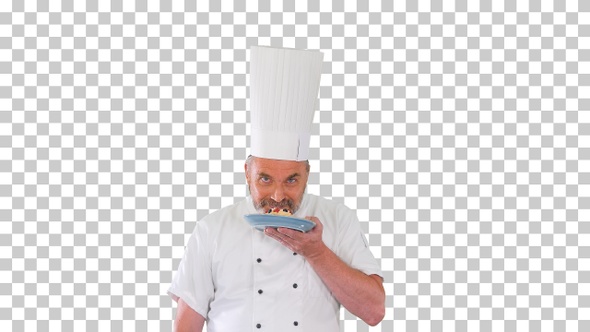 Mature chef cook or baker holds plate, Alpha Channel