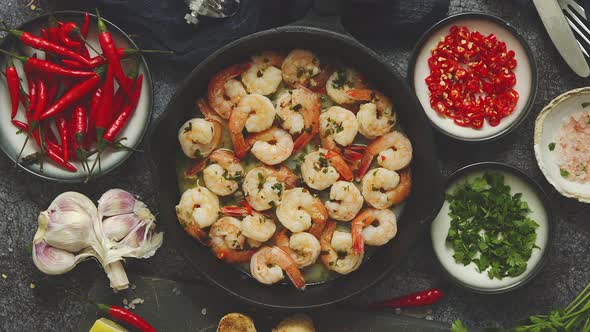 Fried Baby Shrimps Served on Iron Pan and Fresh Herbs and Ingredients. Top View, Flat Lay