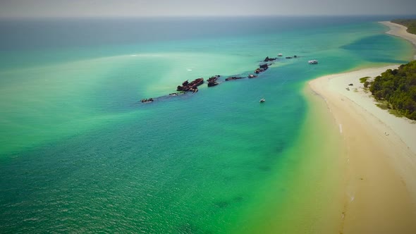 Aerial view of Moreton island shipwrecks in Australia.