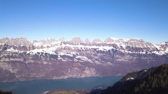 Drone shot of the beautiful Churfirsten and the Walensee in Switzerland.