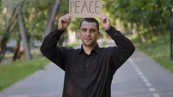 Strong Patriotic Man Handsome Smiling Caucasian Businessman Guy Raise Up Paper Cardboard with