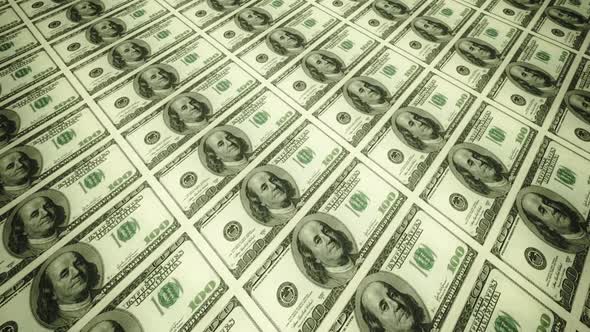 An endless sheet of just printed American Dollars. USA. Loopable animation. HD