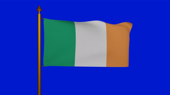 National flag of Ireland waving with flagpole on chroma key, bratach na heireann or Irish tricolour