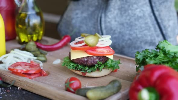 Making Burger  Putting Second Half of a Bun Finishing Sandwich Assembling